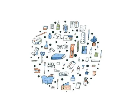 Set of vector office supplies. Collection of stationery in doodle style. Roun Illustrazione stock