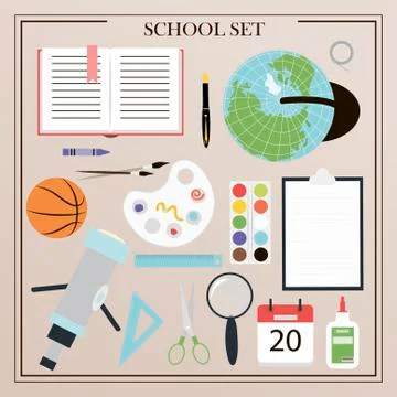 A set of vector office supplies, school and office attributes. Flat design of Stock Illustration