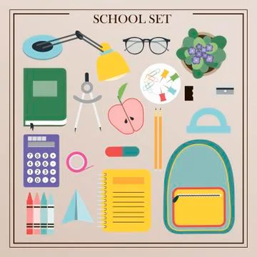 A set of vector office supplies, school and office attributes. Flat design of Stock Illustration