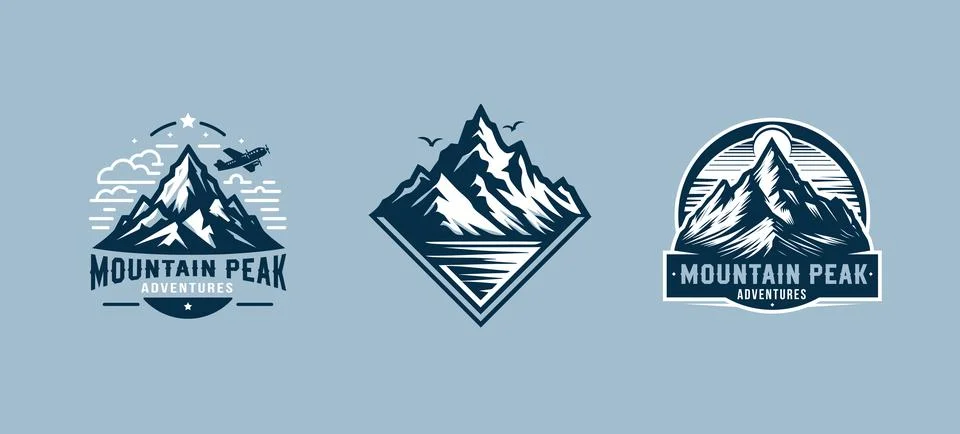 Set of vector outdoor discovery logos with mountain peak. Emblem for tour Stock Illustration