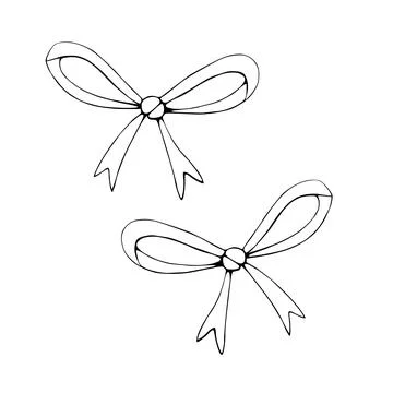 Set of vector outline bows, ribbons. Doodles, coloring book, hand drawn. Si.. Ilustração Stock