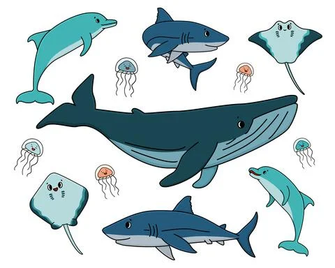 Set of vector outline cartoon ocean and sea happy animals. Whale, dolphin, sh Stock Illustration
