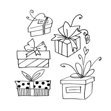 Set of Vector outline hand drawn images of gift boxes in Doodle style. Festiv Stock-Illustration