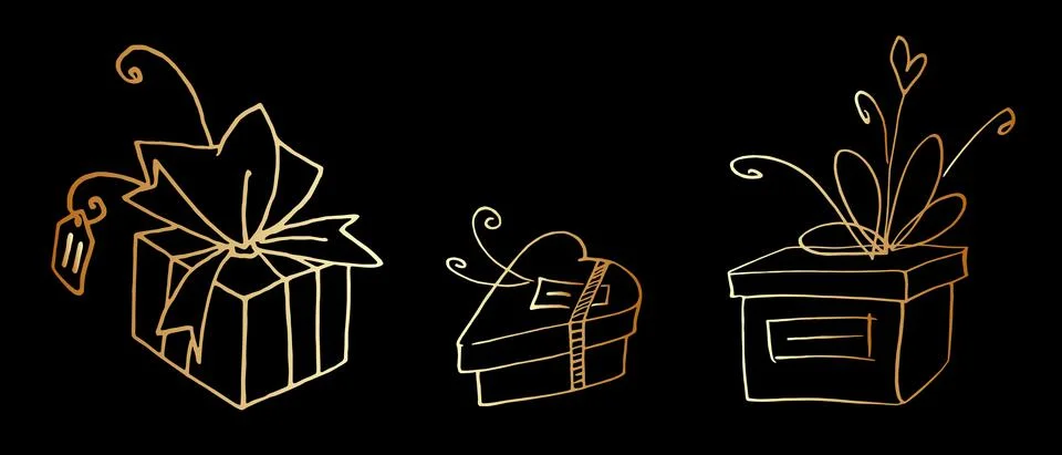 Set of Vector outline hand drawn images of gift boxes in Doodle style. Festiv Stock Illustration