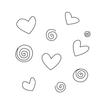 Set of vector outline hearts and spirals, helixes isolated on white backgroun Stock Illustration
