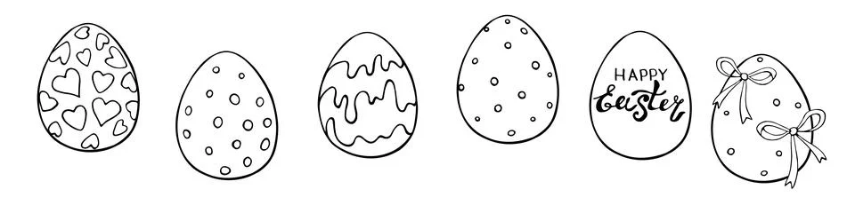 Set of vector outline ornamental easter eggs with hearts, stains, bows. Holid Stock Illustration