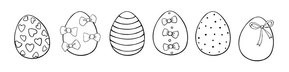Set of vector outline ornamental easter eggs with hearts, stains, bows. Holid Stock Illustration