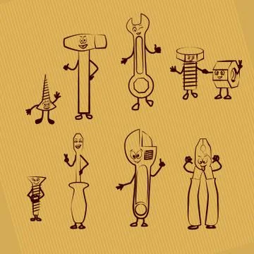 Set of vector outlines of tools for Locksmith on a gold background Stock Illustration