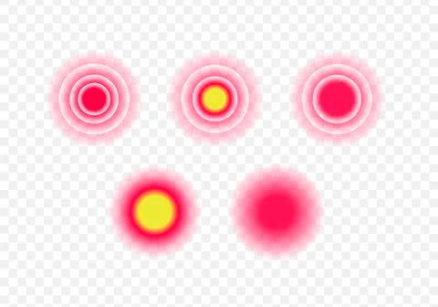 Set of vector pain dot radial icon. Red gradient flat circle ache target Stock Illustration