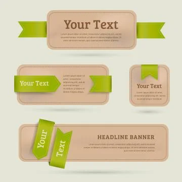 A set of vector paper banners with green ribbon. Stock Illustration