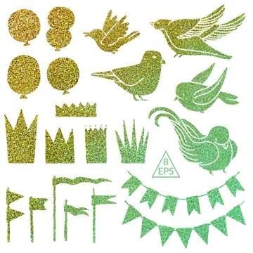 Set of vector party elements with colorful glitter Stock Illustration