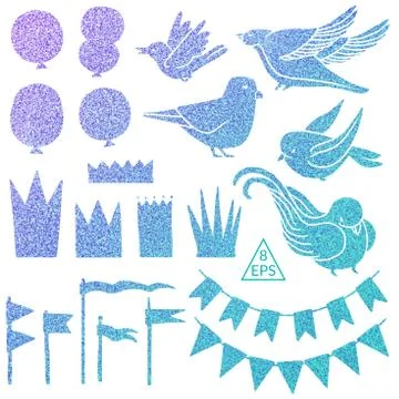 Set of vector party elements with colorful glitter Stock Illustration
