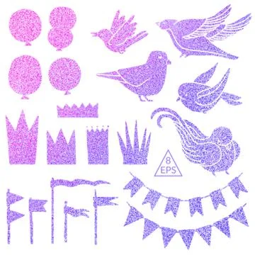 Set of vector party elements with colorful glitter Stock Illustration