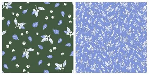 Set of vector patterns with herbs, berries and flowers. Stock Illustration