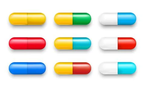 Set of vector pills and color capsules isolated Illustrazione stock