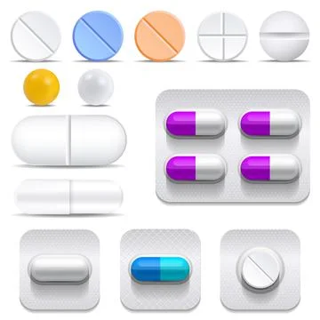 Set vector pills and tablets. Realistic medical drugs.  Stock Illustration