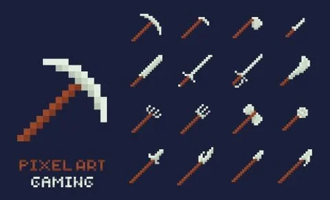 Set of vector pixel art tools icons. Axe, pick, sword, hoe, lance, knife - Stock Illustration