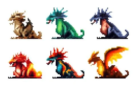 Set vector pixel illustration of colorful magic cute dragons isolate on white Stock Illustration