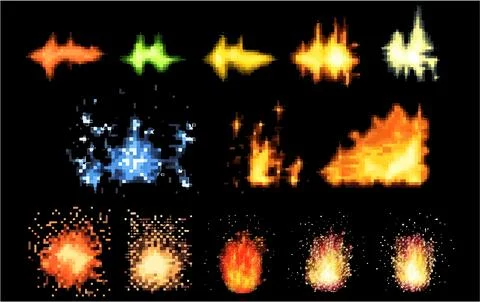 Set vector pixel illustration of flash glow isolate on black background Stock Illustration