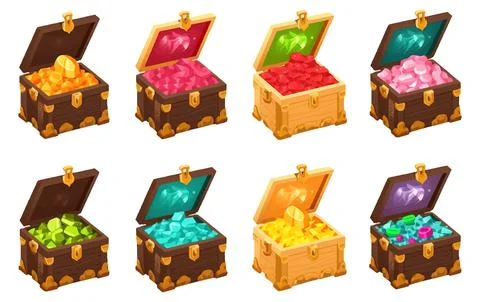 Set vector pixel illustration of ui treasure chest with gold precious stone Stockillustratie