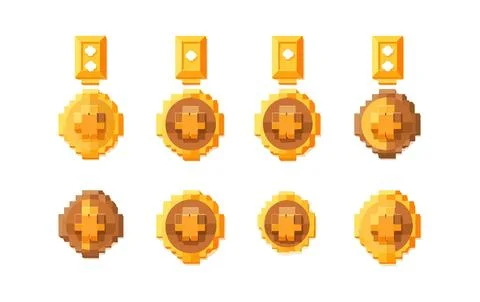 Set vector pixel illustration of winner golden trophy victory game champion ui Stock Illustration