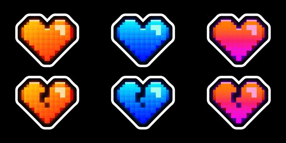 Set of vector pixelated hearts, retro game style icons, stickers Stock Illustration