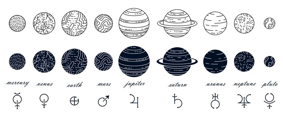 Set of vector planets. Astrology, astronomy. Mystery science. Illustrazione stock
