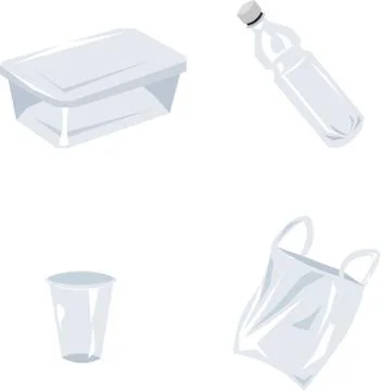 Set of vector plastic items. Container, bottle, bag, cup. Stock Illustration