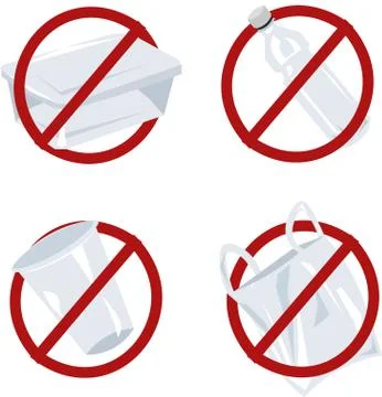 Set of vector plastic items in a red forbidding sign. Container, bottle, bag, Stock Illustration