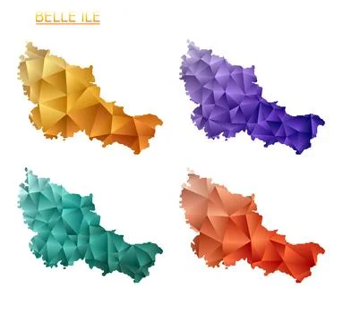 Set of vector polygonal maps of Belle Ile. Bright gradient map of island in.. Stock Illustration