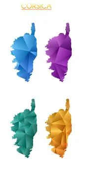 Set of vector polygonal maps of Corsica. Bright gradient map of island in l.. 스톡 일러스트