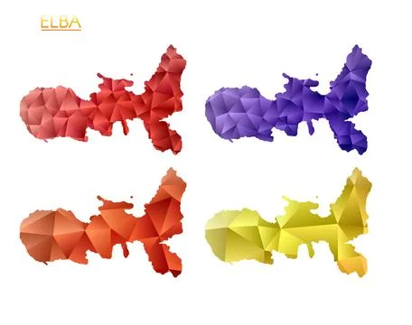 Set of vector polygonal maps of Elba. Bright gradient map of island in low .. Stock Illustration