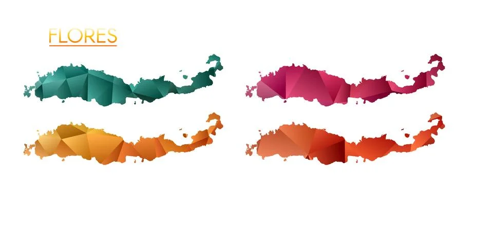 Set of vector polygonal maps of Flores. Bright gradient map of island in lo.. Stock Illustration