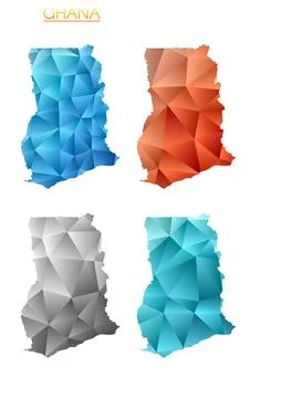 Set of vector polygonal maps of Ghana. Bright gradient map of country in lo.. Stock Illustration