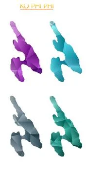 Set of vector polygonal maps of Ko Phi Phi. Bright gradient border map in l.. イラスト素材