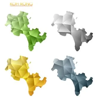 Set of vector polygonal maps of Koh Rong. Bright gradient map of island in .. Stock Illustration