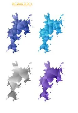 Set of vector polygonal maps of Komodo. Bright gradient map of island in lo.. Illustrazione stock
