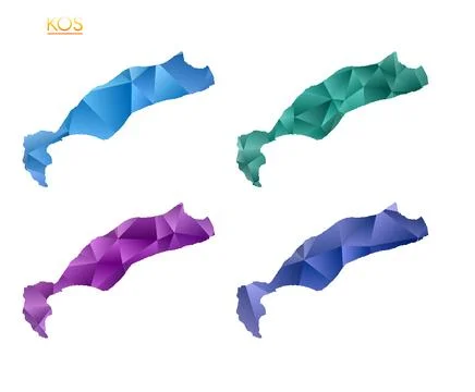Set of vector polygonal maps of Kos. Bright gradient map of island in low p.. Stockillustratie