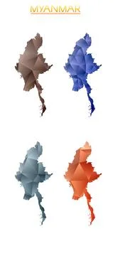 Set of vector polygonal maps of Myanmar. Bright gradient map of country in .. Stock Illustration