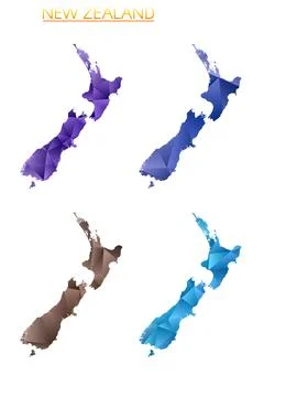 Set of vector polygonal maps of New Zealand. Bright gradient map of country.. 스톡 일러스트