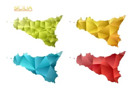 Set of vector polygonal maps of Sicilia. Bright gradient map of island in l.. イラスト素材