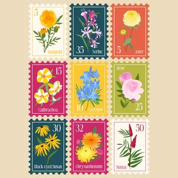Set of Vector Postage Stamps Illustrations with Autumn Flowers Stock Illustration