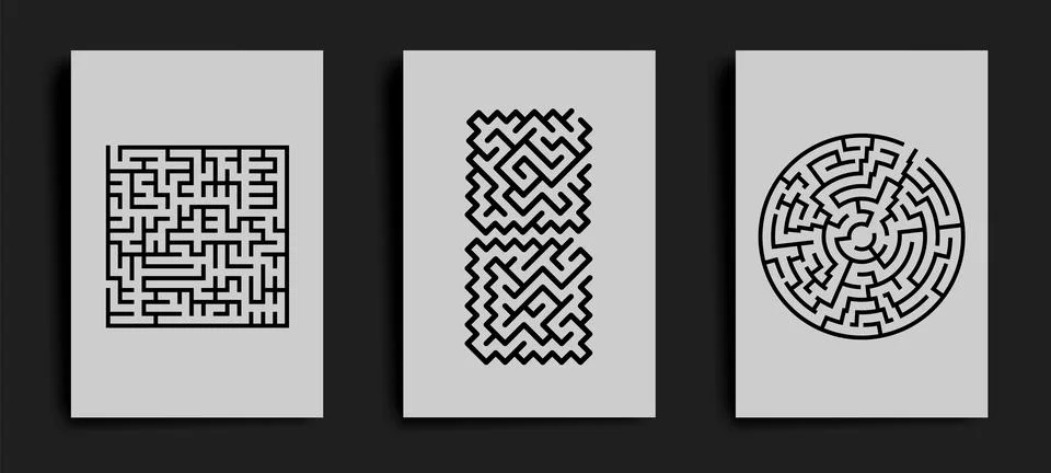 Set of vector posters with black and white maze or labyrinth Stock Illustration