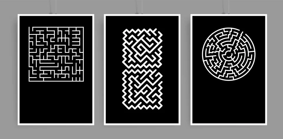 Set of vector posters with black and white maze or labyrinth Stock Illustration