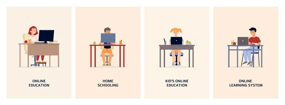 A set of vector posters of the concept of home online learning. Stock Illustration