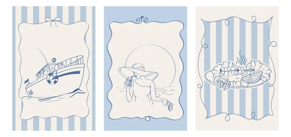 Set of vector posters in doodle style. Sea weekend or vacation at the sea. Boat Stock Illustration