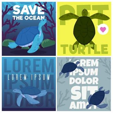 Set of vector posters with sea turtles. Advertising leaflet. Stock Illustration