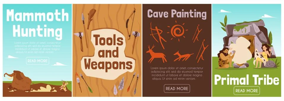 A set of vector posters on theme life of primal prehistoric people in stone age. Illustrazione stock