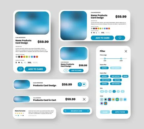 Set of vector product UI cards with rounded corners and photos for mobile app Stock Illustration