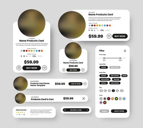 Set of vector product UI cards with round elements for photos of mobile app s Stock Illustration